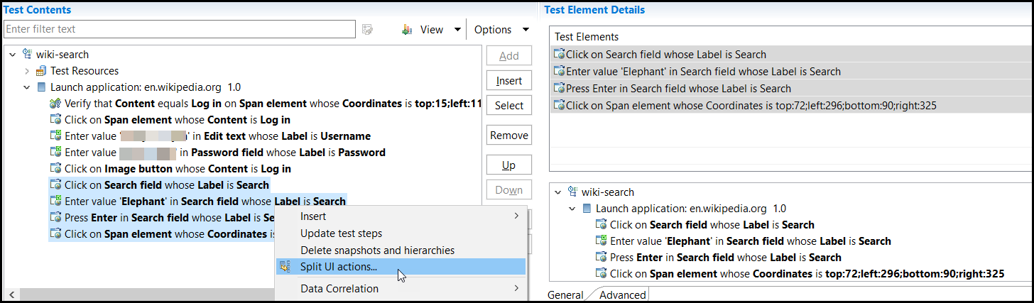 Image of the Test Content panel to Split UI actions
