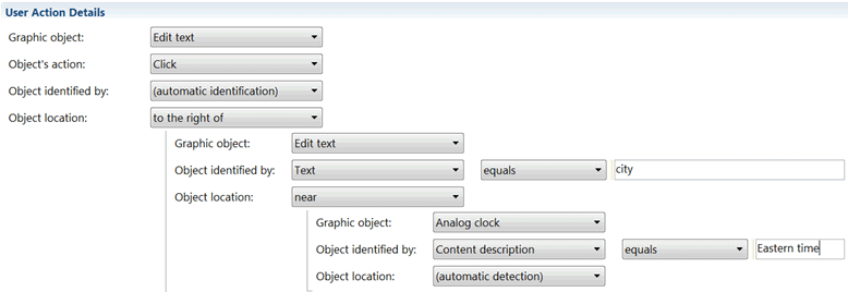 Object location condition set on a test step, with a location operator, graphic object, its properties selected and values added