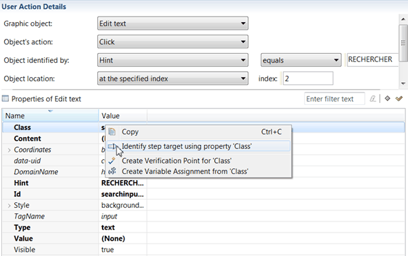 Here you modify an object property and value with the context menu 'Identify step target using property class'