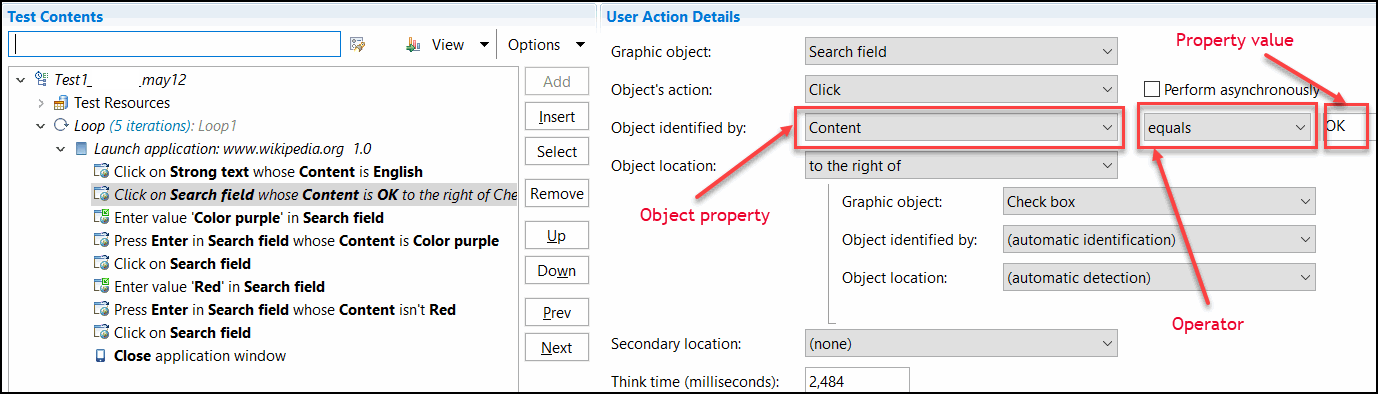 Test editor displaying a selected step with corresponding object property, operator, and property value