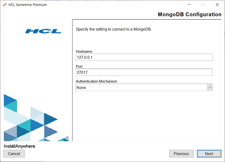 Mongo database configuration window