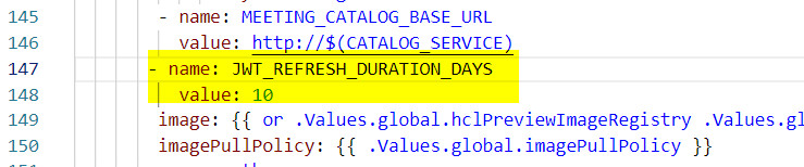 Sample yaml file with JWT_REFRESH_DURATION_DAYS variable with value of 10