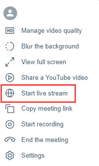 Actions list with start live stream highlighted