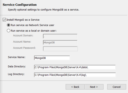 mongodb service configuration dialogue
