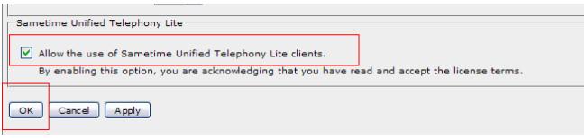 The Sametime Media Manager Configuration page's option for enabling the Sametime Unified Telephony Lite Client feature