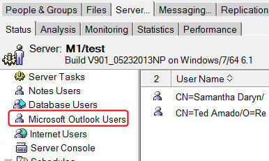 Server - Status tab with Microsoft Outlook Users selected
