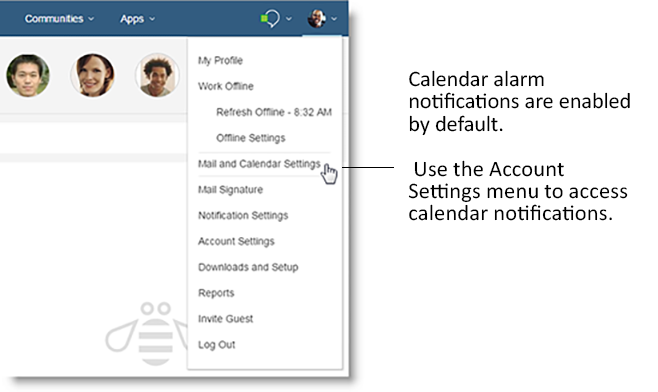 Account settings menu showing the Mail and Calendar Settings option