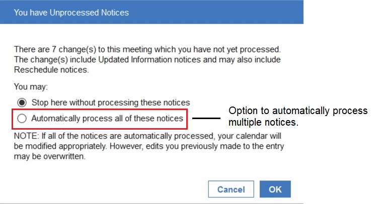 An option to automatically process seven changes to a meeting.