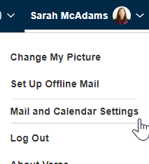 Mail and Calendar Settings selected