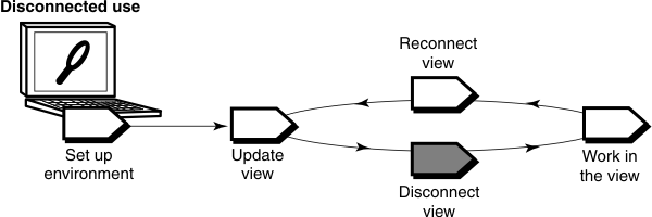 The disconnect view task of the disconnected use workflow follows the update view task and precedes the work in the view task.