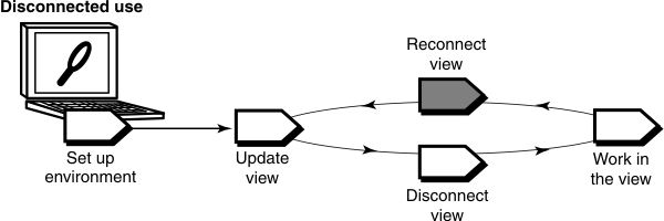 The reconnect view task of the disconnected use workflow follows the work in the view task and precedes the update view task.