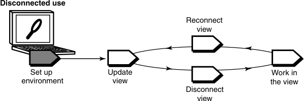 The set up environment task is the first task of the disconnected use workflow, and it precedes the update view task.