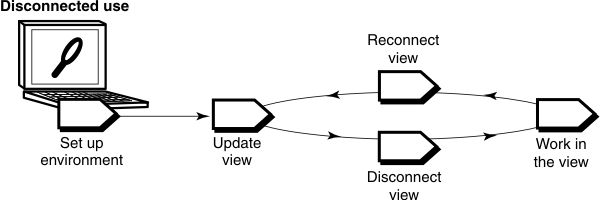 The workflow for disconnected use begins with the task of setting up the environment then moves into a cycle of the following tasks: update view, disconnect view, work in the view, reconnect view.