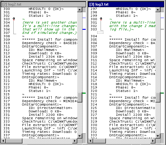 Differences are shown between two files, log2.txt on the left and log3.txt on the right.