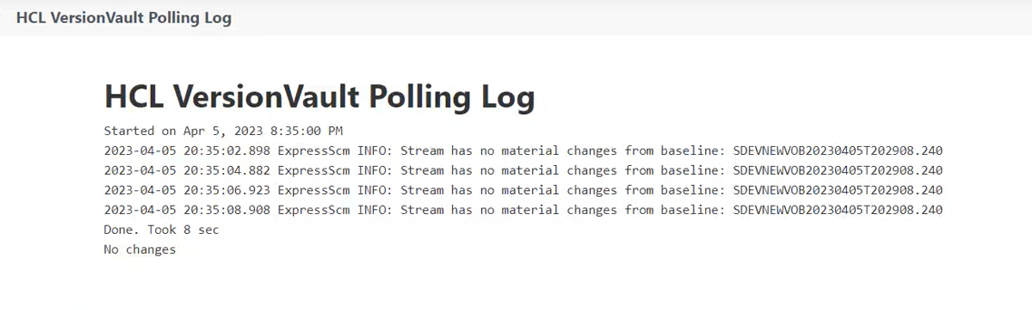 HCL VersionVault polling log with no changes