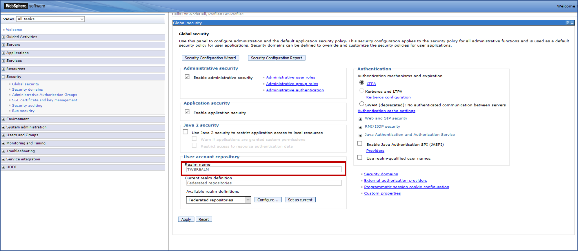Realm name in the WebSphere administrative console