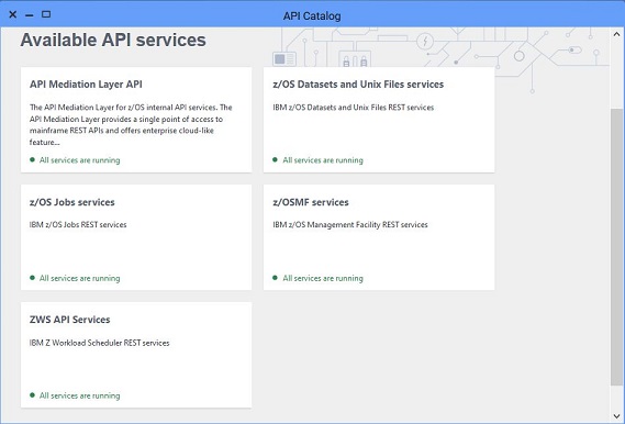 The image shows the Zowe API Catalog with some examples of the available API services to be used.