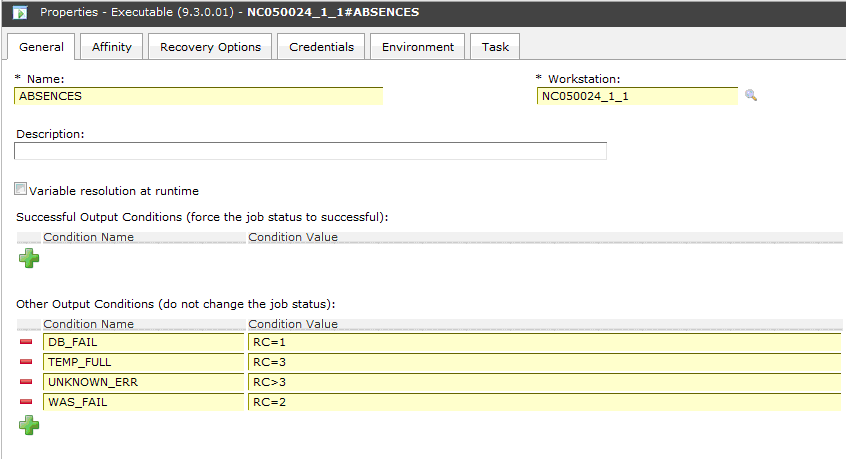 Job properties General tab displaying other output conditions set in the job definition.