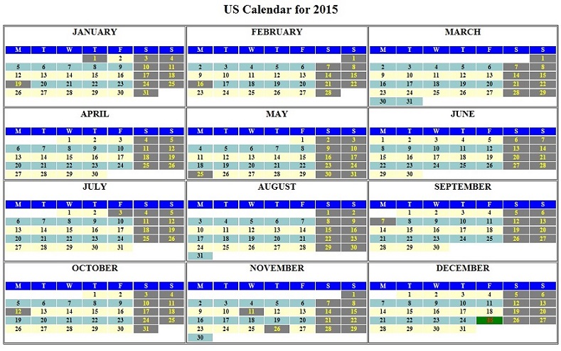 The complete American calendar for year 2015