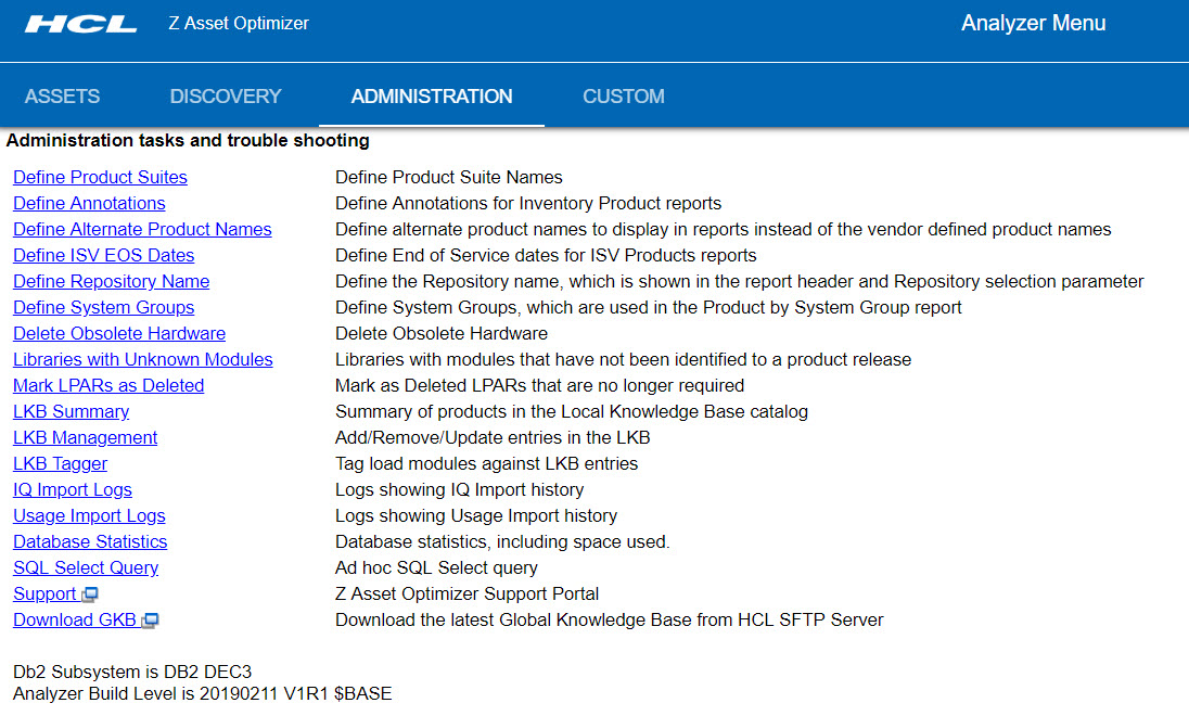 Screenshot of the Administration tab in the Analyzer online, including links to each Administration query.