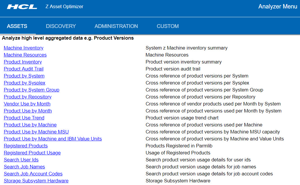 Screenshot of the Assets tab of the Analyzer online, including links to each Asset query.