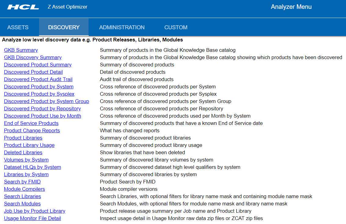 Screenshot of the Discovery tab of the Analyzer online, including links to each Discovery query.
